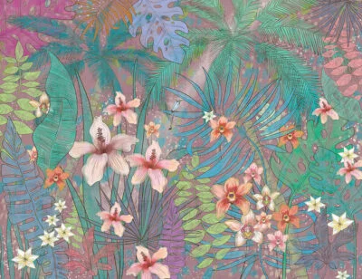 Bright tropical wall mural with leaves and flowers on the purple background