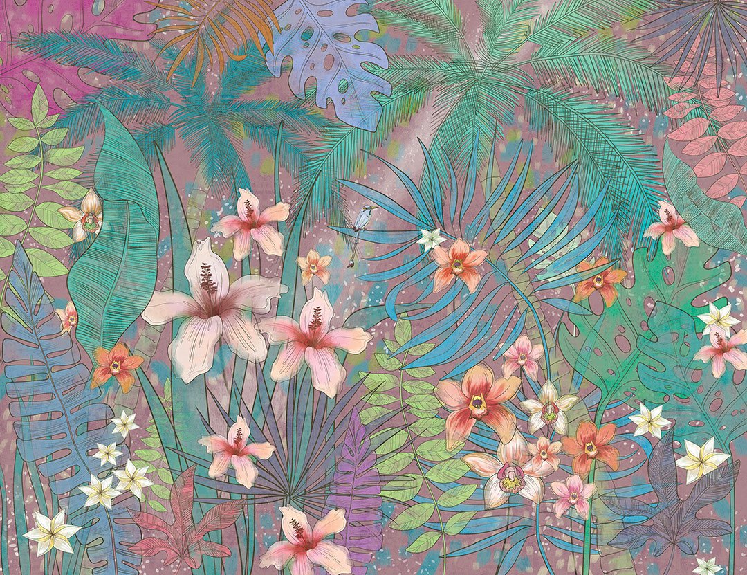 Bright tropical wall mural with leaves and flowers on the purple background