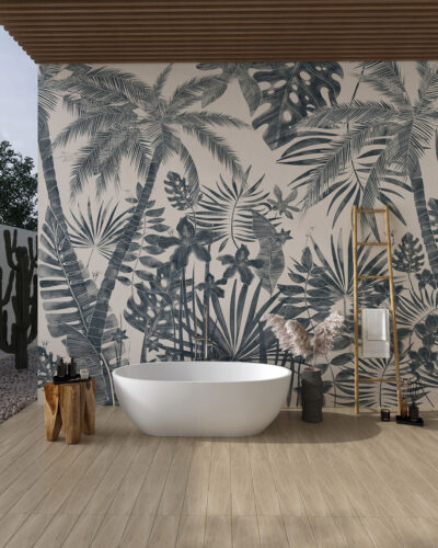 Hand-drawn tropical trees and plants wall mural for the bathroom