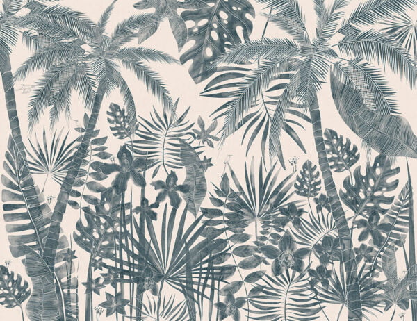 Tropical wall mural with hand-drawn blue trees and plants