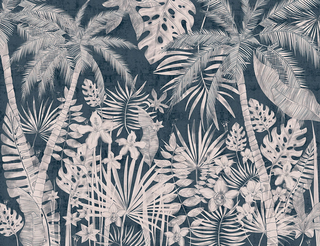 Tropical wall mural with hand-drawn trees and plants at night
