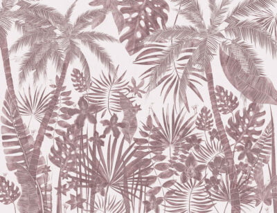 Tropical wall mural with hand-drawn red trees and plants