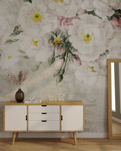 Neutral tone vintage floral wall mural for the living room