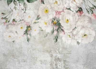Neutral tone vintage floral wall mural on the textured gray background