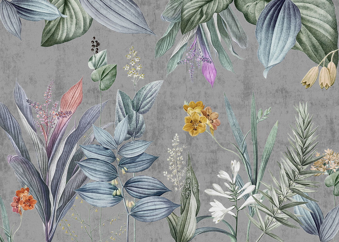 Gray tone large botanical wall mural with bright flowers