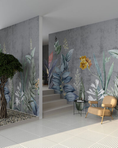 Grey tone tender botanical wall mural for the corridor