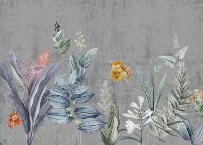 Grey tone tender botanical wall mural with bright flowers