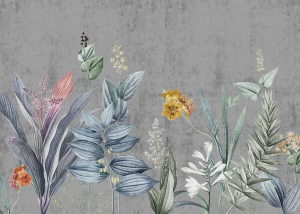 Gray tone tender botanical wall mural with bright flowers
