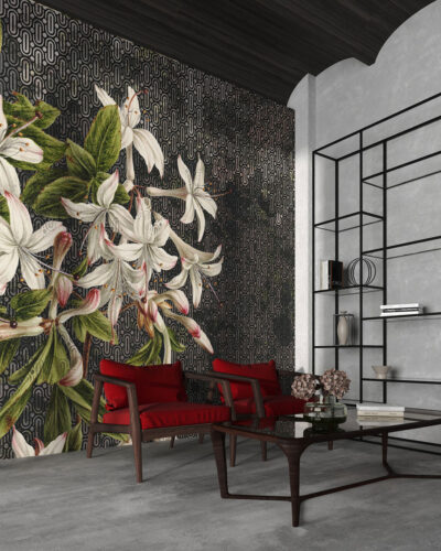 Large lily flowers and art-deco geometry wall mural for the living room