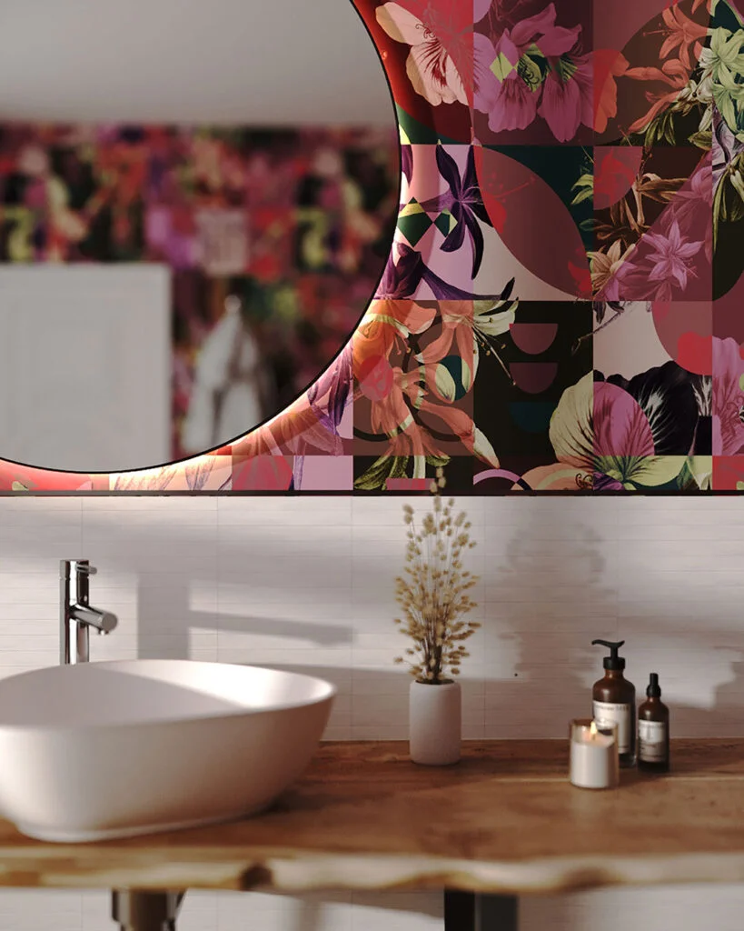 Wall Mural Mosaïque for the bathroom - kith2kin.com Abstract floral mosaic wall mural for the bathroom