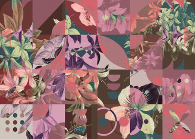Abstract floral mosaic wall mural in warm colors