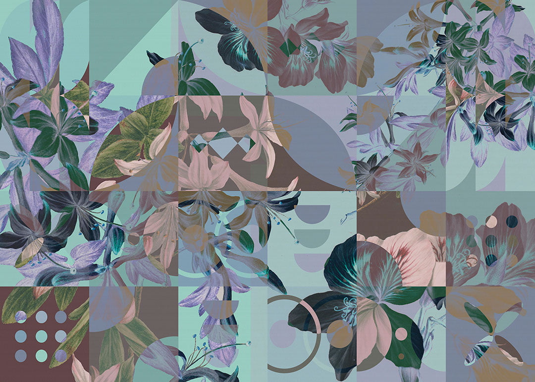Abstract floral mosaic wall mural in cold colors