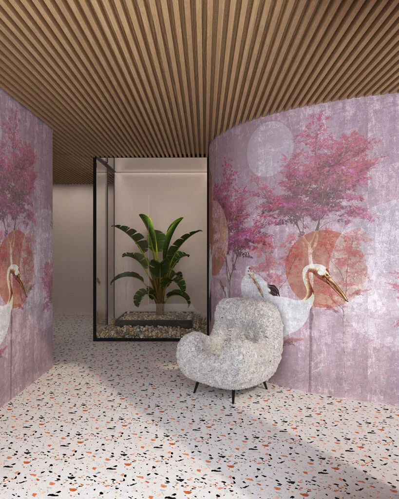 Wall Mural Légende for the living room - kith2kin.com Pink tone oriental storks Japanese styled wall mural for the living room