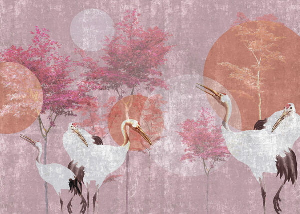 Japanese styled nature wall mural with pink tone oriental storks