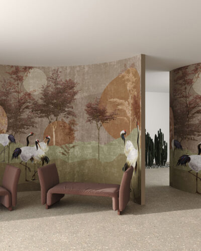 Earth tone oriental storks Japanese styled wall mural for the living room
