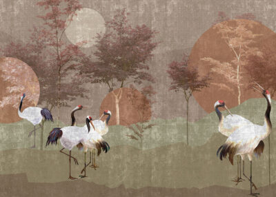 Earth tone oriental storks Japanese styled wall mural