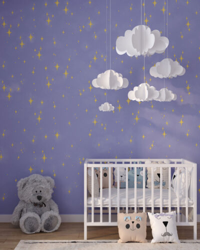 Lavender tone golden stars patterned wallpaper for a children's room
