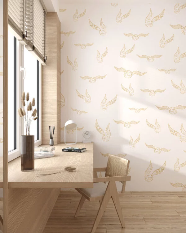 Golden Harry Potter snitch patterned wallpaper for a children's room