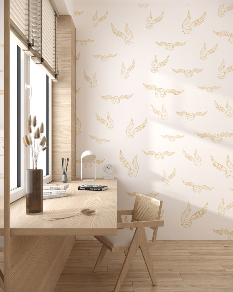 Golden Harry Potter snitch patterned wallpaper for a children's room