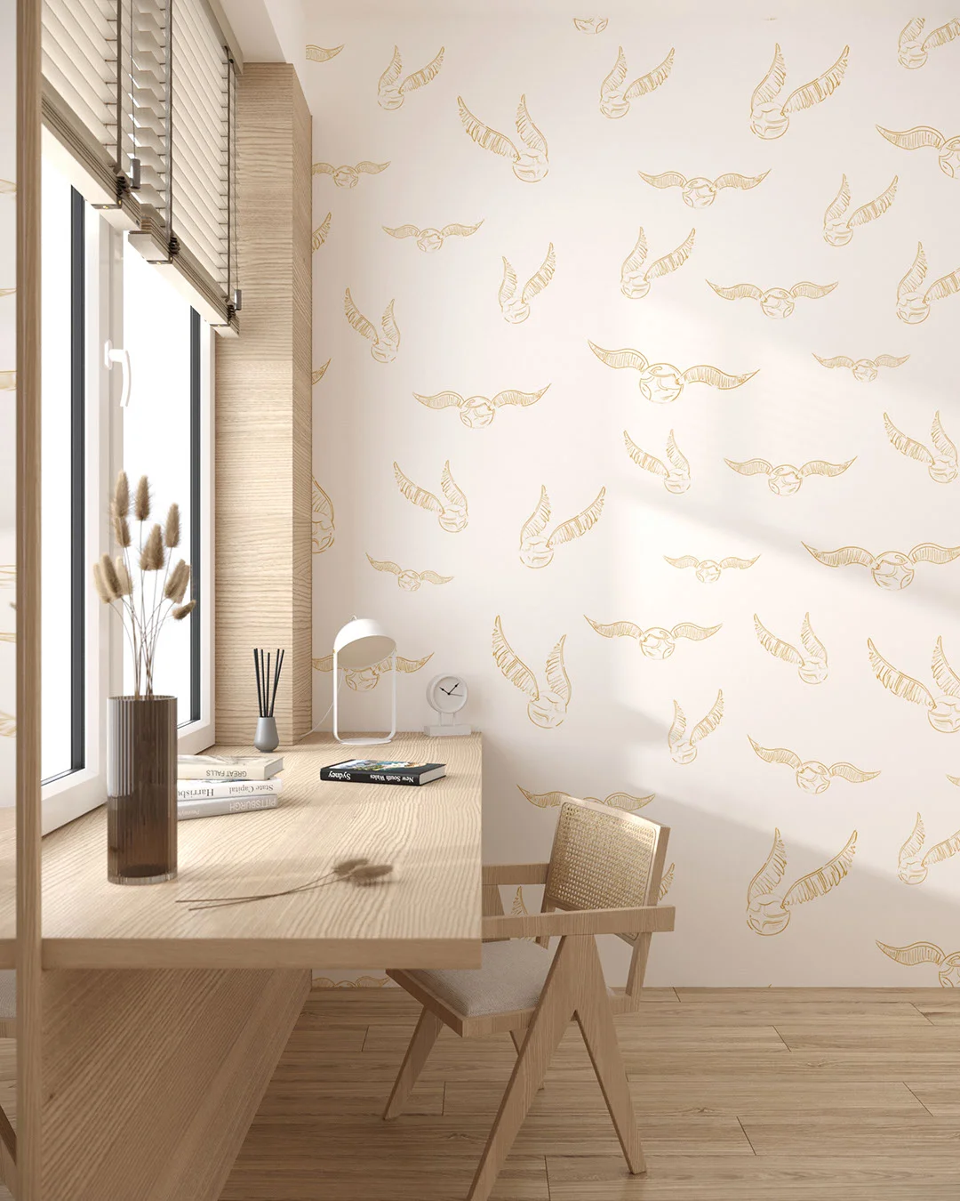 Wall Mural Le jeu for a children's room - kith2kin.com Golden Harry Potter snitch patterned wallpaper for a children's room
