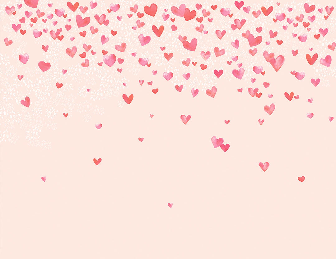 Cute watercolor hearts and bubbles gradient kids wall mural on the pink background