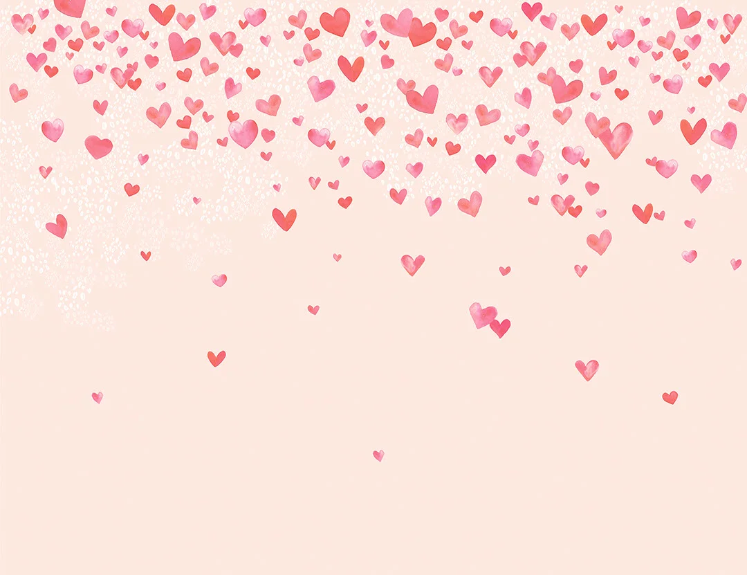 Cute watercolor hearts and bubbles gradient kids wall mural on the pink background