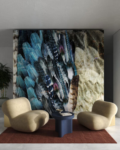 Dark asymmetric feathers wall mural for the living room