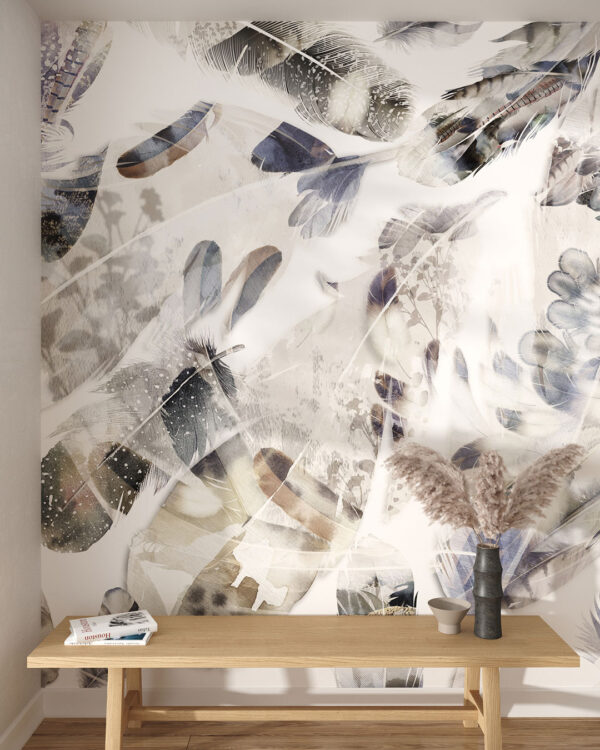 Light abstract feathers wall mural for the living room