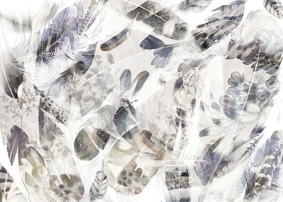 Modern wall mural with light abstract feathers and shadows