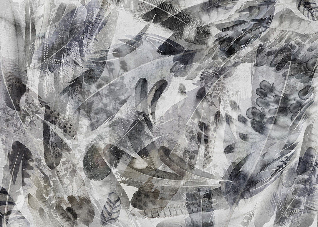 Modern wall mural with dark abstract feathers and shadows