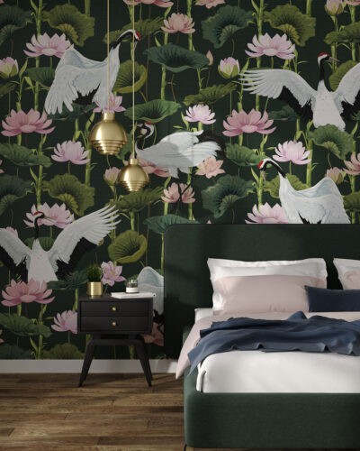 Oriental storks and water lilies patterned wallpaper for the bedroom
