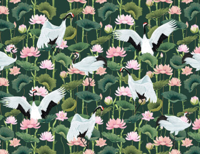 Oriental storks and water lilies patterned wallpaper on the navy green background