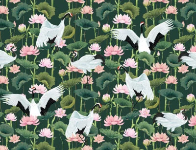Nature patterned wallpaper with oriental storks and water lilies on the navy green background