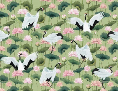 Nature patterned wallpaper with oriental storks and water lilies on the light green background
