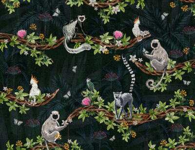 Parrots, lemurs and monkeys dark tropical wall mural