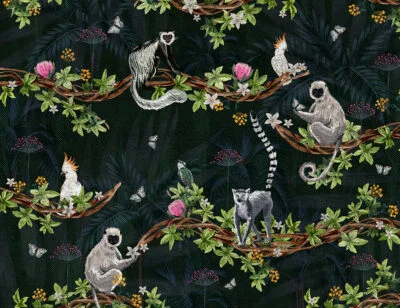 Dark tropical wall mural with parrots, lemurs and monkeys