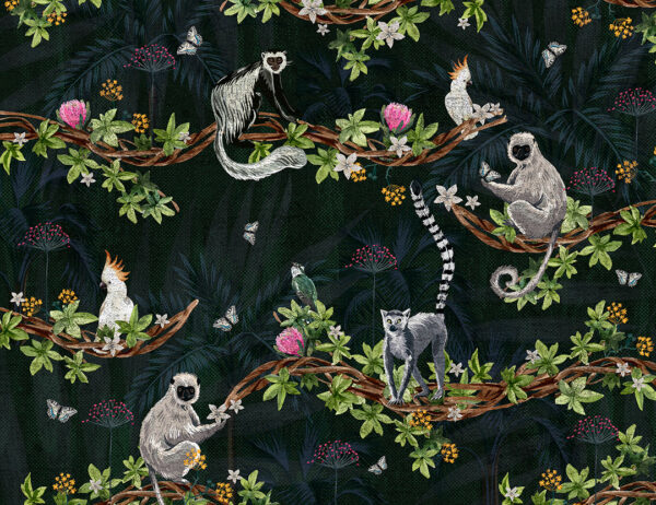 Parrots, lemurs and monkeys dark tropical wall mural