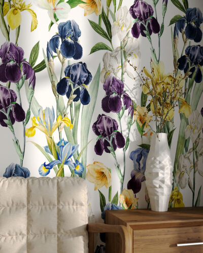 Colorful irises floral patterned wallpaper for the living room