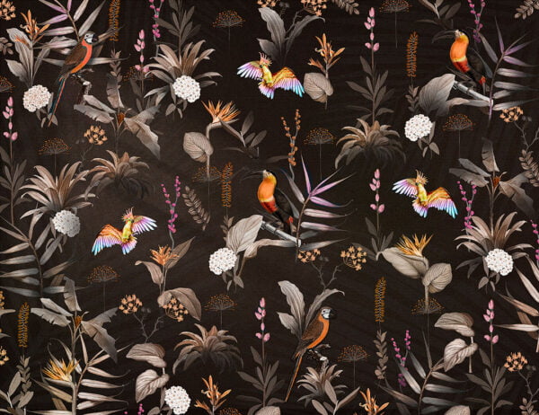 Dark tropical patterned wallpaper with leaves and colorful parrots