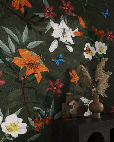 Dark floral patterned wallpaper for the living room