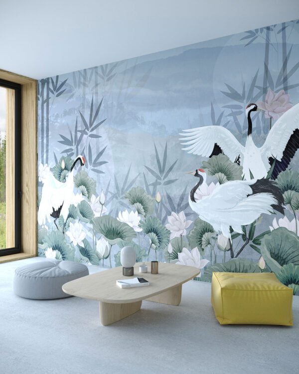 Japanese style wall mural for the living room with oriental stork amongst lilies