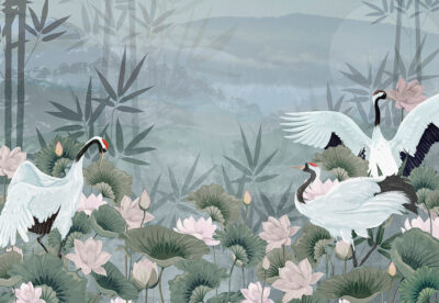 Oriental stork amongst lilies Japanese style wall mural