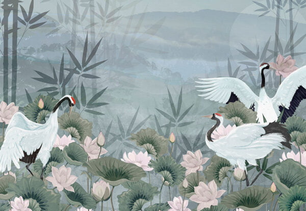 Oriental stork amongst lilies Japanese style nature wall mural