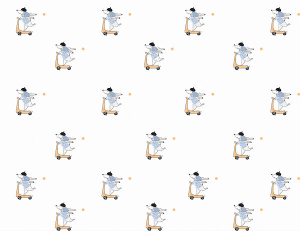 Cute dog driving a scooter kids patterned wallpaper