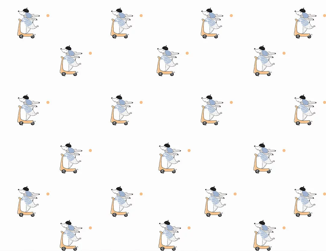 Cute dog driving a scooter kids patterned wallpaper
