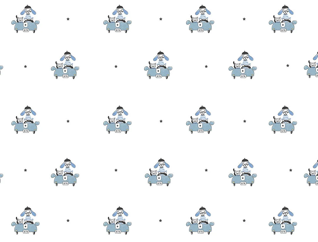 Cute cat and dog in a car patterned kids wallpaper