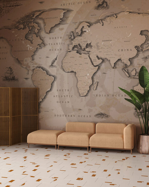 Vintage earth tone world map wall mural for the living room