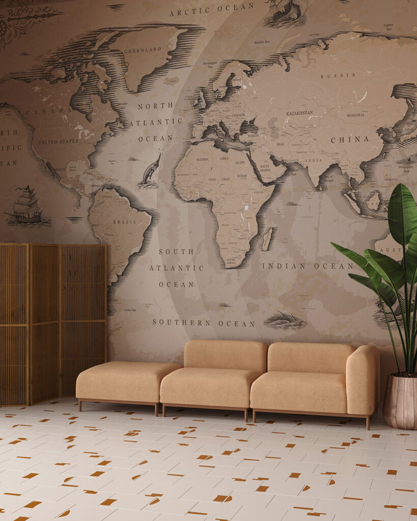 Vintage earth tone world map wall mural for the living room