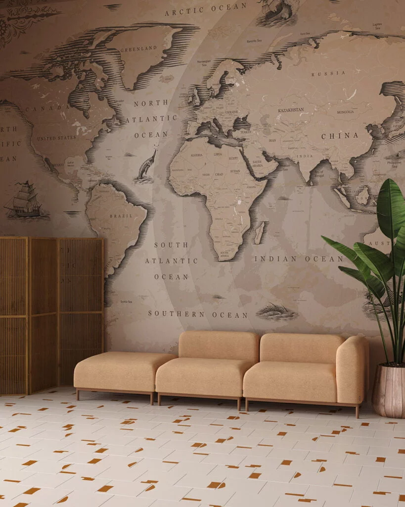 Wall Mural Ancien for the living room - kith2kin.com Vintage earth tone world map wall mural for the living room