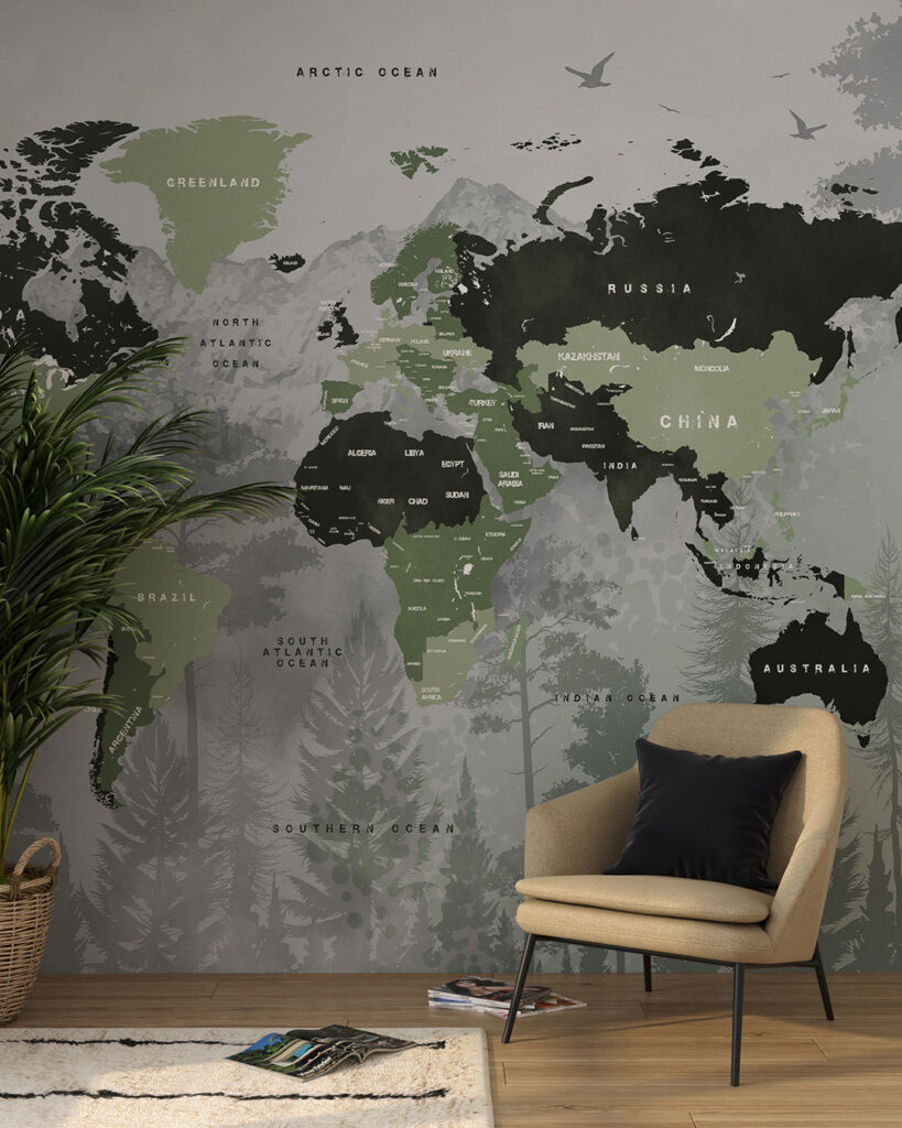 Sage green forest themed world map wall mural for the living room